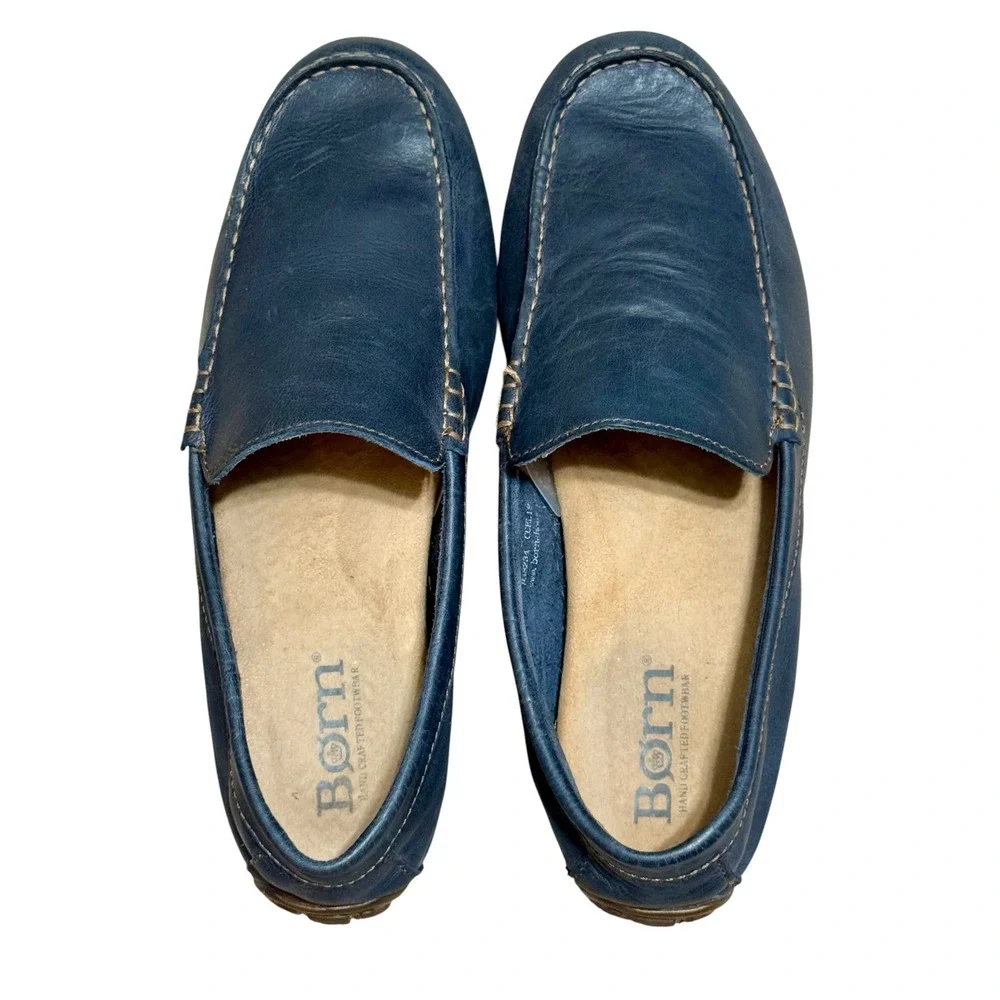 Born Mens Size 10 Navy Blue Soft Leather Driving Loafers Moc Toe Slip On Shoes